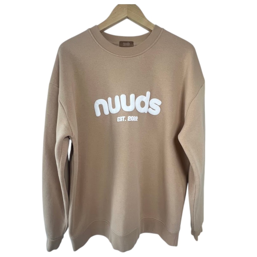 Nuuds Women‎ Tan Oversized Puff Print Logo Crewneck Sweatshirt Large EST 2022